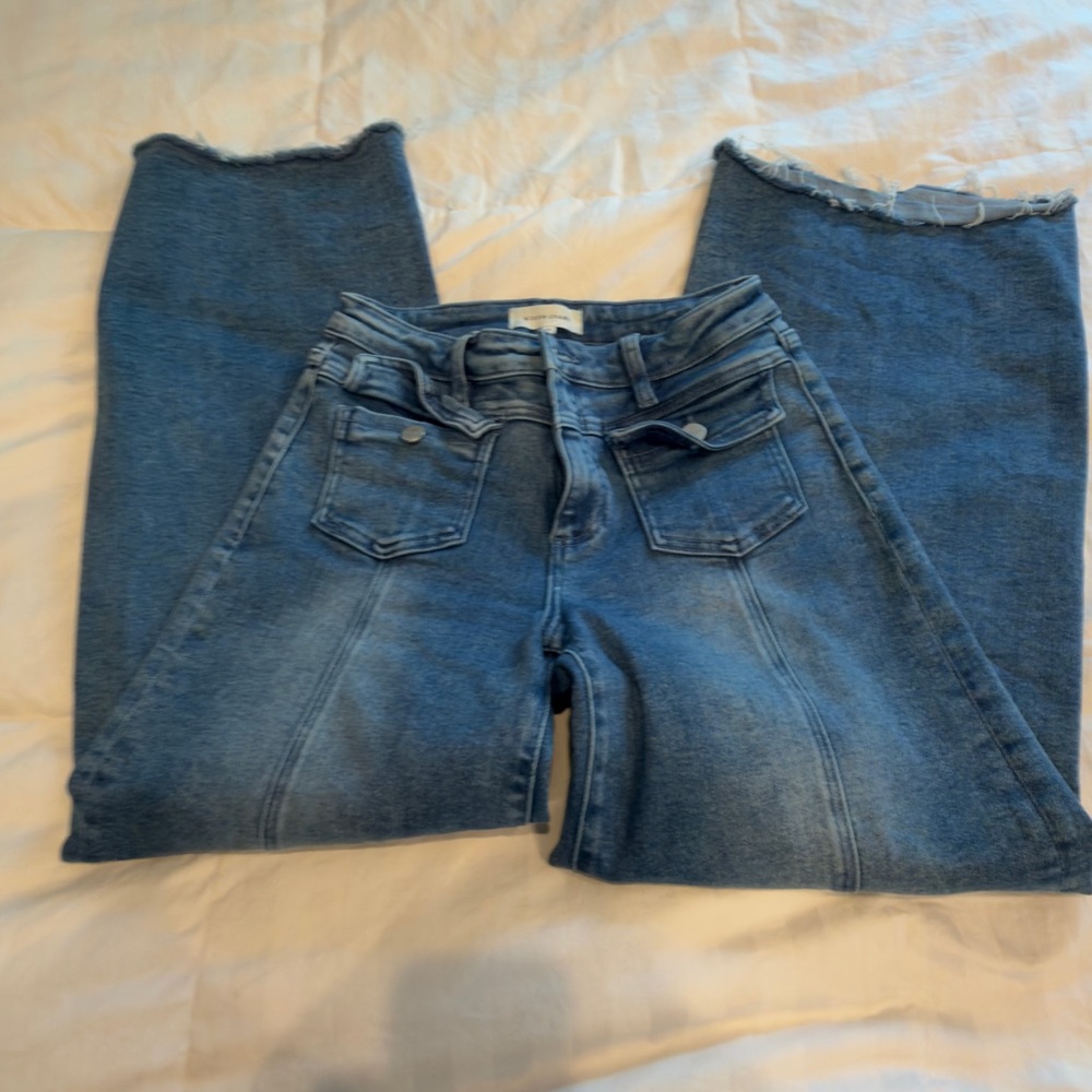 Risen Wide Leg Flare Jeans in Washed Blue